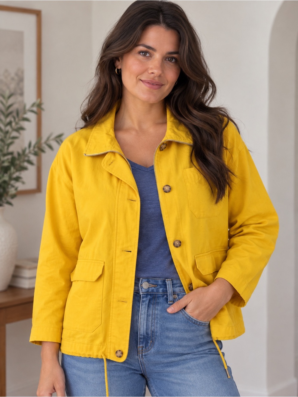 Women's Yellow Cotton Utility Jacket with Front Pockets